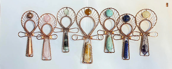 Amazonite wand at the base of a copper wirewrapped ankh with amazonite sphere at the top